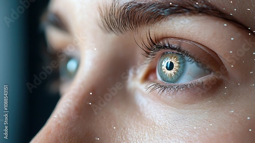 Captivating closeup of a striking icy blue feminine eye showcasing intricate details of the eyelashes eyelid and flawless skin texture This dreamy ethereal image evokes a sense of elegance