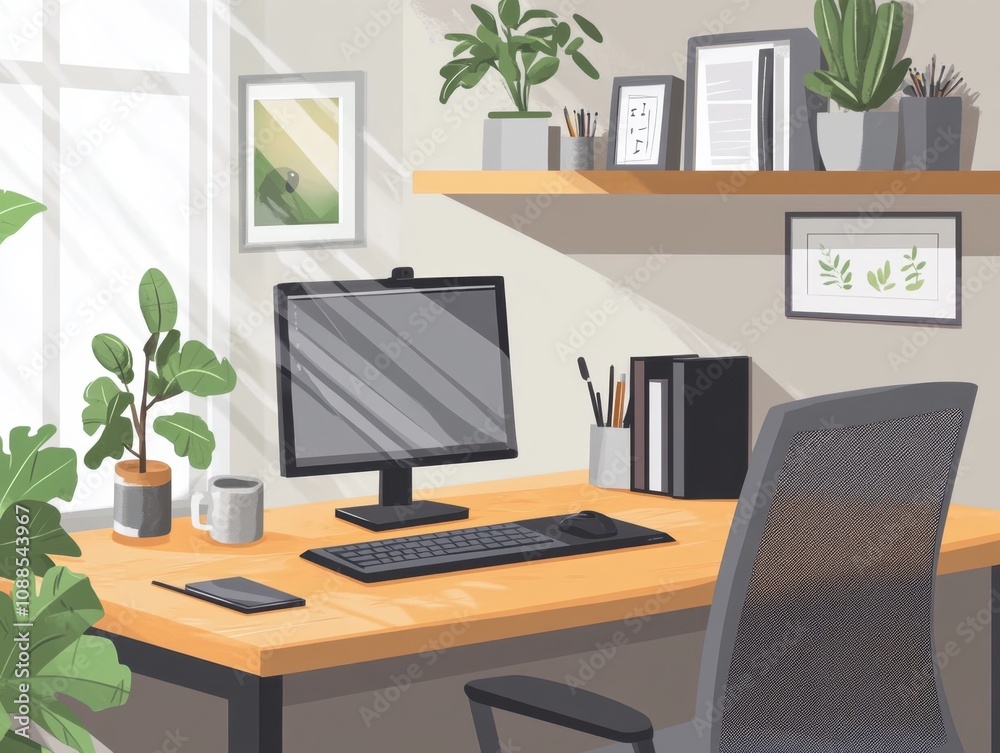 A computer desk with a keyboard, mouse, and monitor A computer desk with a keyboard, mouse, and monitor