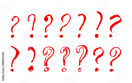 Question mark symbols set. Red pencil school kid handwritten ask signs. Icon collection to highlight an important question in a quiz or questionnaire. Vector sketch or graffiti style question marks.