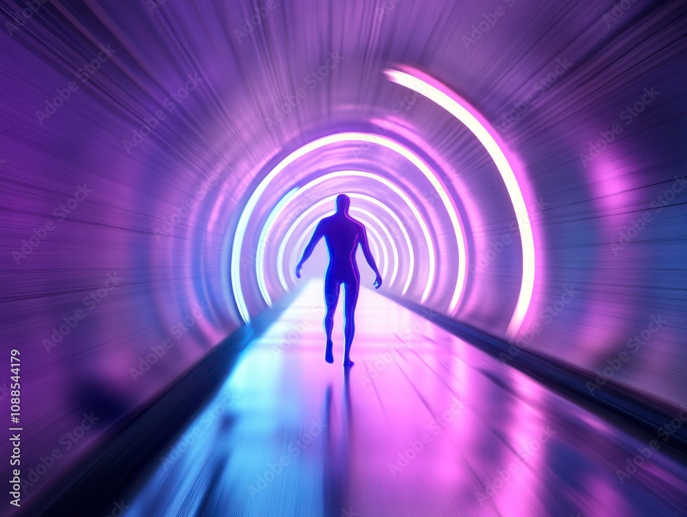 Person Walking Through a Glowing Tunnel Person Walking Through a Glowing Tunnel