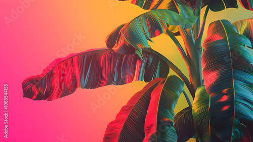 Vibrant banana tree fronds with colorful shadows against gradient background create striking visual. interplay of light and color evokes tropical atmosphere