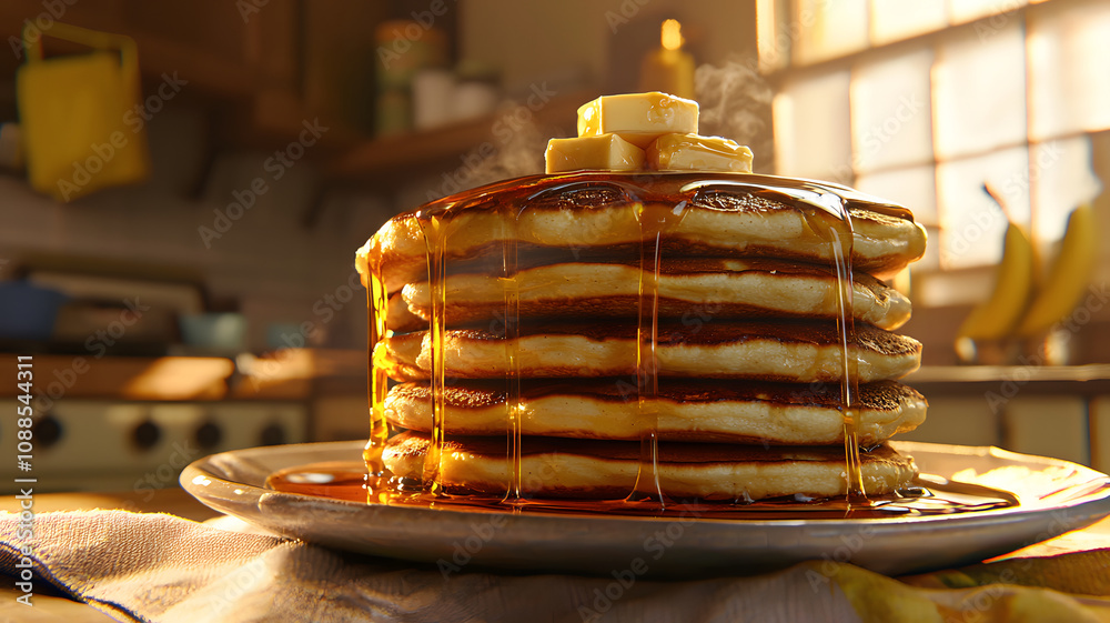 Stack of fluffy banana pancakes with melted butter and syrup, served on plate in cozy kitchen setting. warm light enhances delicious appeal of this breakfast treat Stack of fluffy banana pancakes with melted butter and syrup, served on plate in cozy kitchen setting. warm light enhances delicious appeal of this breakfast treat