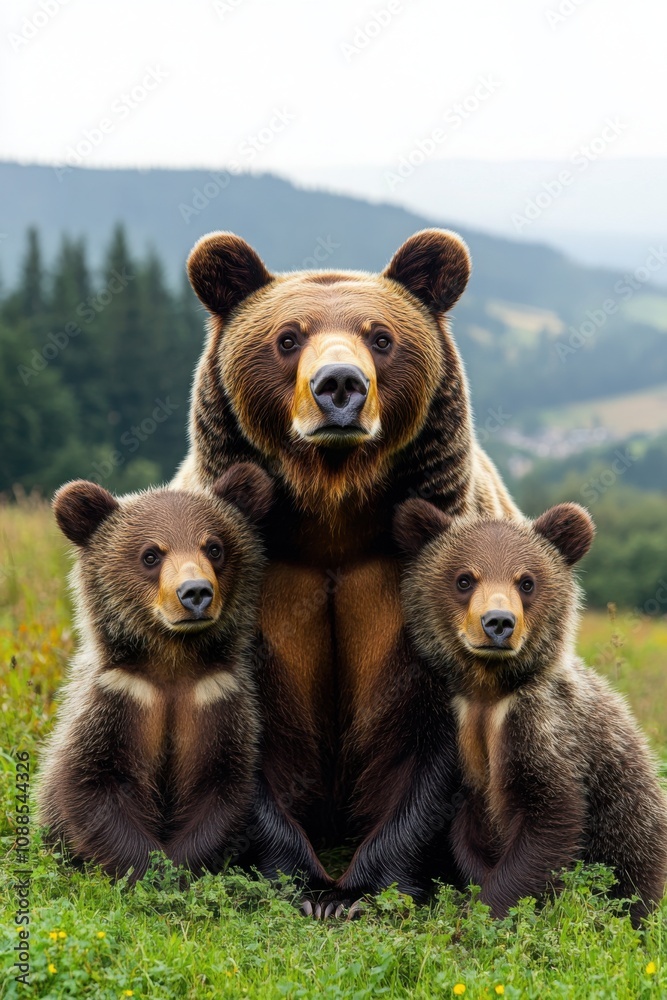 Obraz premium A grizzly bear with two cubs sitting in a meadow surrounded by a mountainous landscape, showcasing the beauty of wildlife in their natural habitat