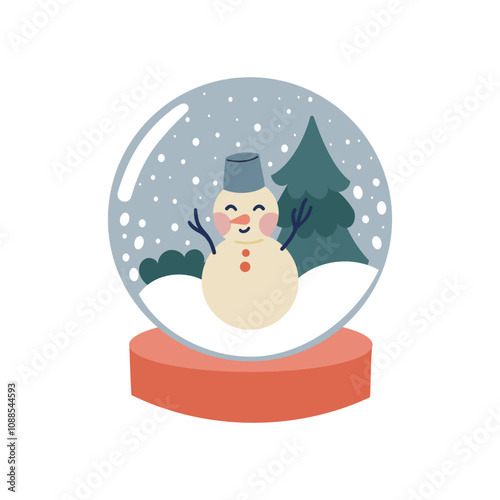 Glass snow globe Christmas decorative design. Podium under transparent glass dome with white snowdrift . Xmas round scene. Stand for Promotion Product cozy winter element .