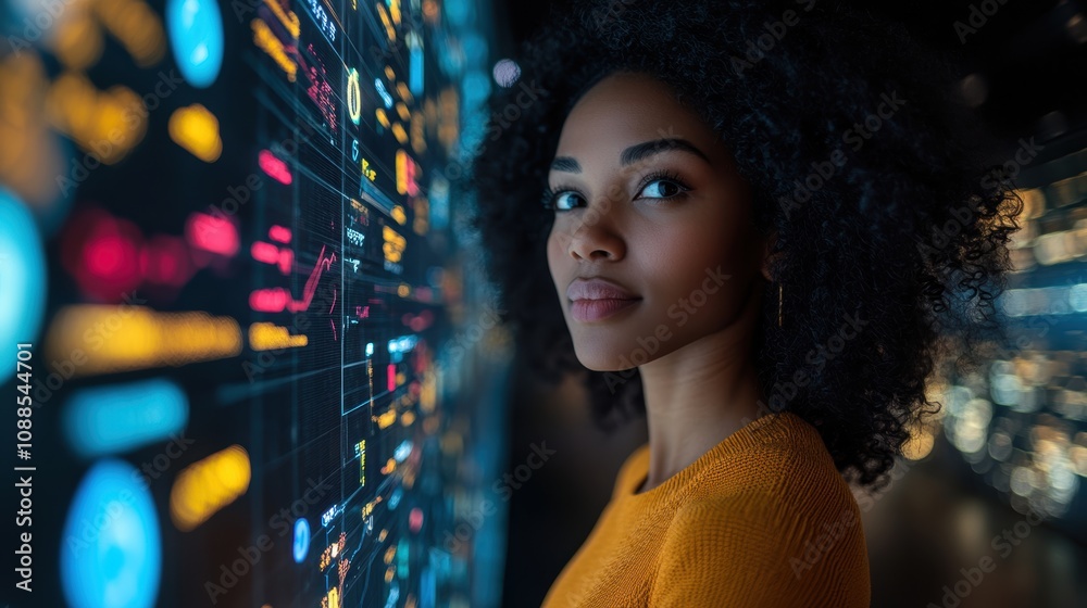 African American woman using virtual dashboard to predict emerging market trends in financial analytics for her business