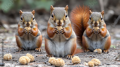 Three red squirrels sitting on the ground eating nuts, with scattered food around them in a natural forest setting