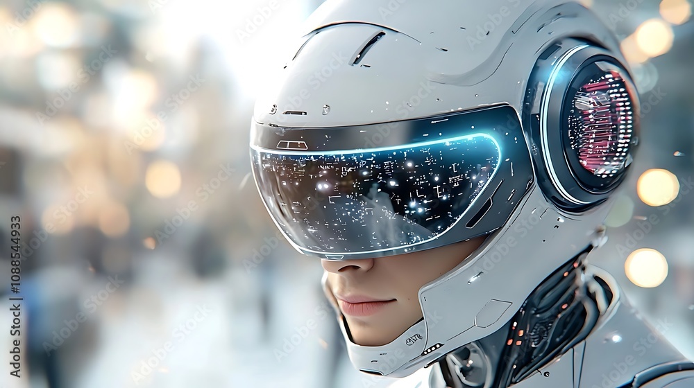 Captivating image of a sleek chrome plated cyborg or immersed in a futuristic virtual reality landscape The figure appears to be exploring or navigating through a complex digital environment Captivating image of a sleek chrome plated cyborg or immersed in a futuristic virtual reality landscape The figure appears to be exploring or navigating through a complex digital environment