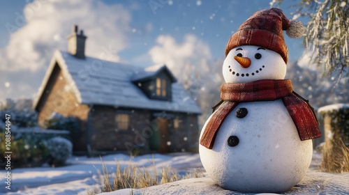 A snowman with a hat and scarf stands in front of a house. The scene is set in a snowy landscape, with the snowman being the main focus of the image. The house in the background adds a sense of warmt photo