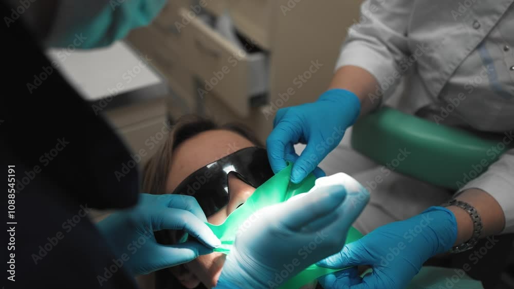 Dental care and dental surgery in modern clinic, woman patient in stomatology. Professional dentists during dental caries and whitening female teeth for good-looking and stay healthy, modern medicine Dental care and dental surgery in modern clinic, woman patient in stomatology. Professional dentists during dental caries and whitening female teeth for good-looking and stay healthy, modern medicine