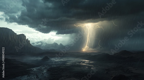 Dramatic storm over dark landscape with intense lightning strike. photo