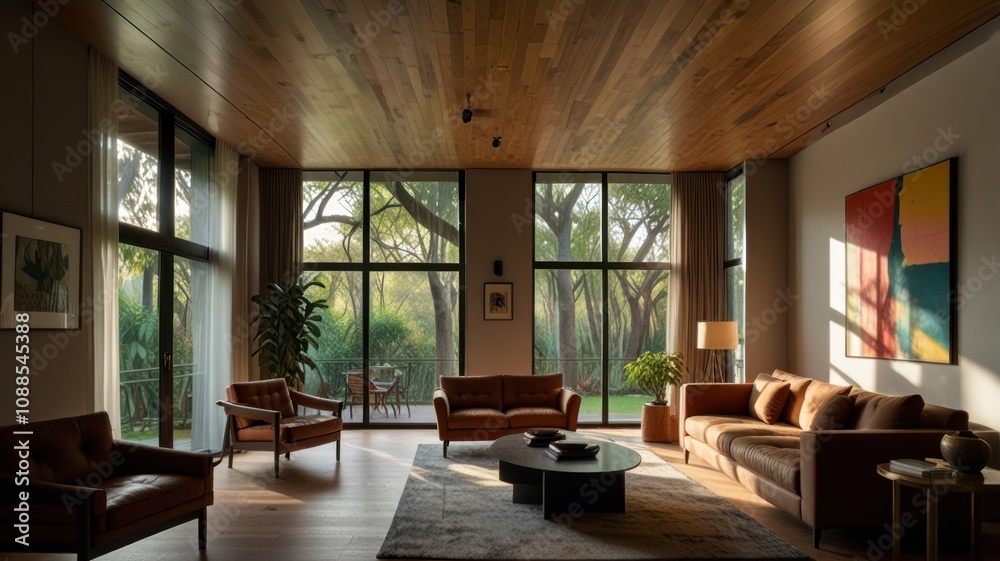 Here's a possible and keyword list for your stock photo.. Sunlit modern living room with leather sofas, wooden ceiling, and large windows overlooking a garden. Here's a possible and keyword list for your stock photo.. Sunlit modern living room with leather sofas, wooden ceiling, and large windows overlooking a garden.