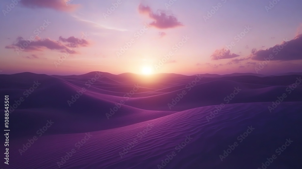 Serene desert landscape at sunrise with soft purple and pink hues casting over sand dunes. Serene desert landscape at sunrise with soft purple and pink hues casting over sand dunes.