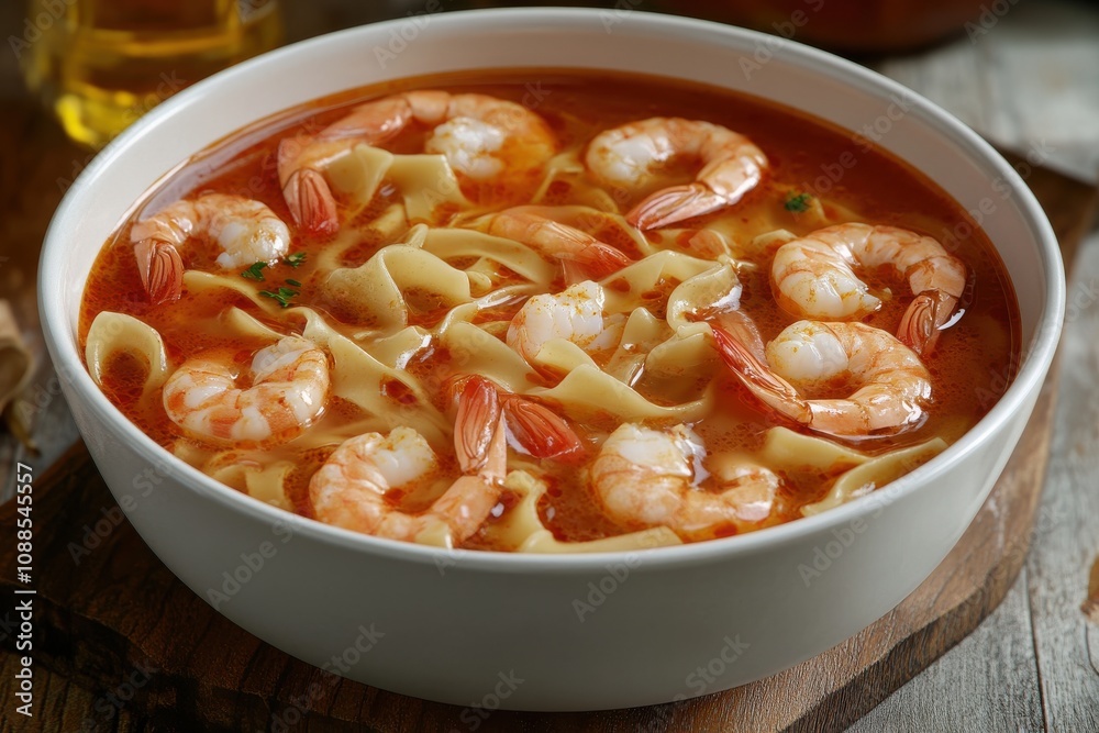 A delicious bowl of shrimp pasta soup, featuring tender shrimp and fettuccine noodles in a rich red broth. A delicious bowl of shrimp pasta soup, featuring tender shrimp and fettuccine noodles in a rich red broth.