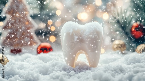 A tooth covered in snow set against a festive Christmas and holiday background, featuring seasonal decorations like Christmas trees and ornaments photo