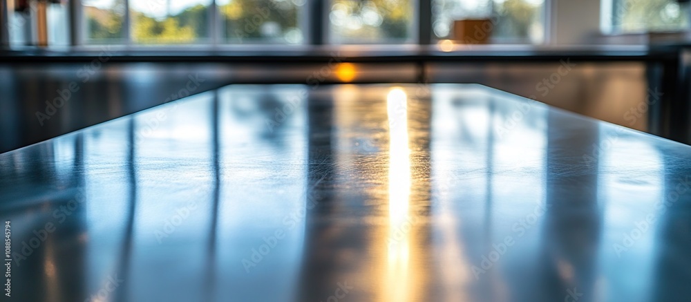 A polished metal table reflecting light in a modern interior space. A polished metal table reflecting light in a modern interior space.