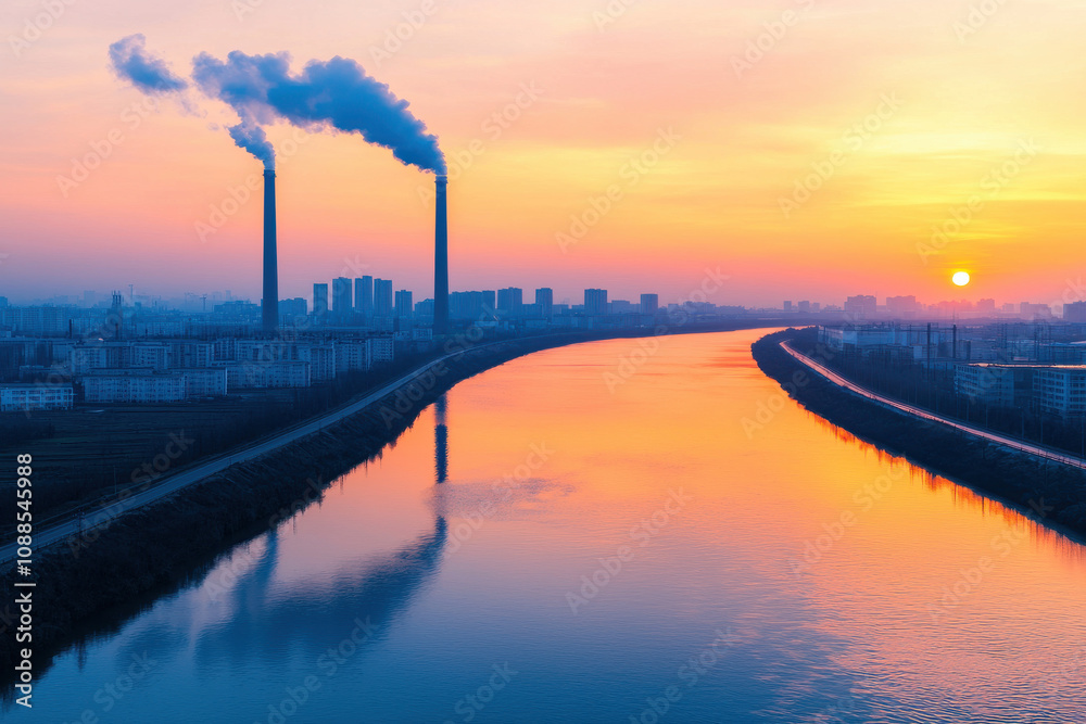 Sunset over river with industrial smokestacks emitting pollution Sunset over river with industrial smokestacks emitting pollution