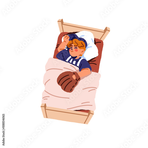 Cute boy sleeps top view. Tired kid naps. Asleep little baseball player has a rest at night. Child in pajamas lying in bed, relaxes, dreams on pillow. Flat isolated vector illustration on white