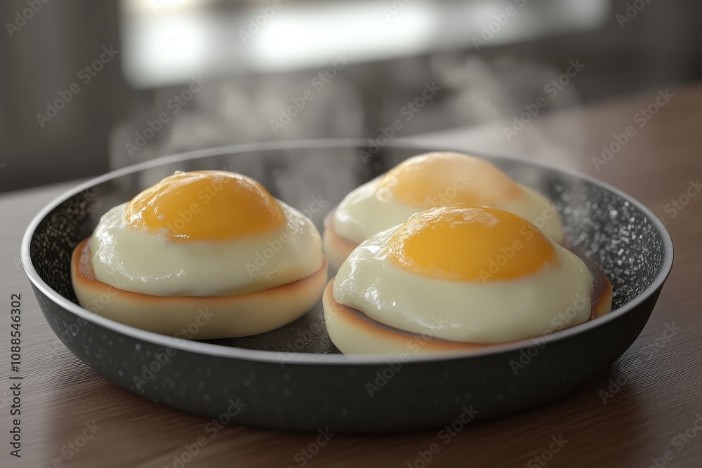 A close-up of three delicious fried eggs on English muffins, steaming and freshly cooked. A close-up of three delicious fried eggs on English muffins, steaming and freshly cooked.