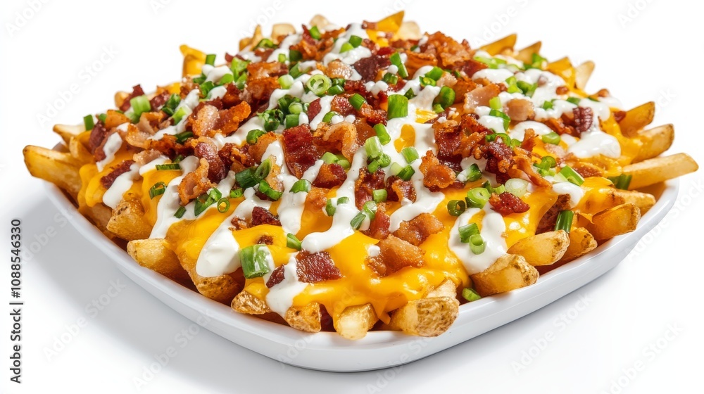 A platter of loaded cheese fries topped with melted cheddar cheese, crispy bacon bits, green onions A platter of loaded cheese fries topped with melted cheddar cheese, crispy bacon bits, green onions