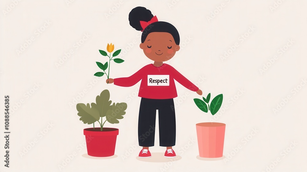 A girl with a ponytail holds a flower while standing between two potted plants, wearing a red shirt that says A girl with a ponytail holds a flower while standing between two potted plants, wearing a red shirt that says
