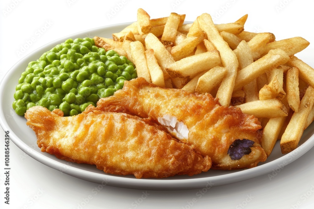 A delicious plate featuring crispy fish fillets, golden French fries, and vibrant green peas. A delicious plate featuring crispy fish fillets, golden French fries, and vibrant green peas.