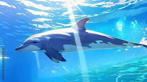 Dolphin swims through sparkling ocean waters, anime animation, perfect for segue, transition photo