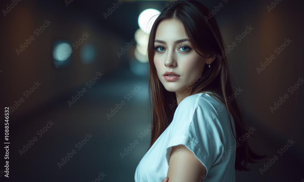 Naklejka premium young woman with long hair poses in dimly lit corridor, showcasing stylish white t shirt. atmosphere is moody and captivating, drawing attention to her expression
