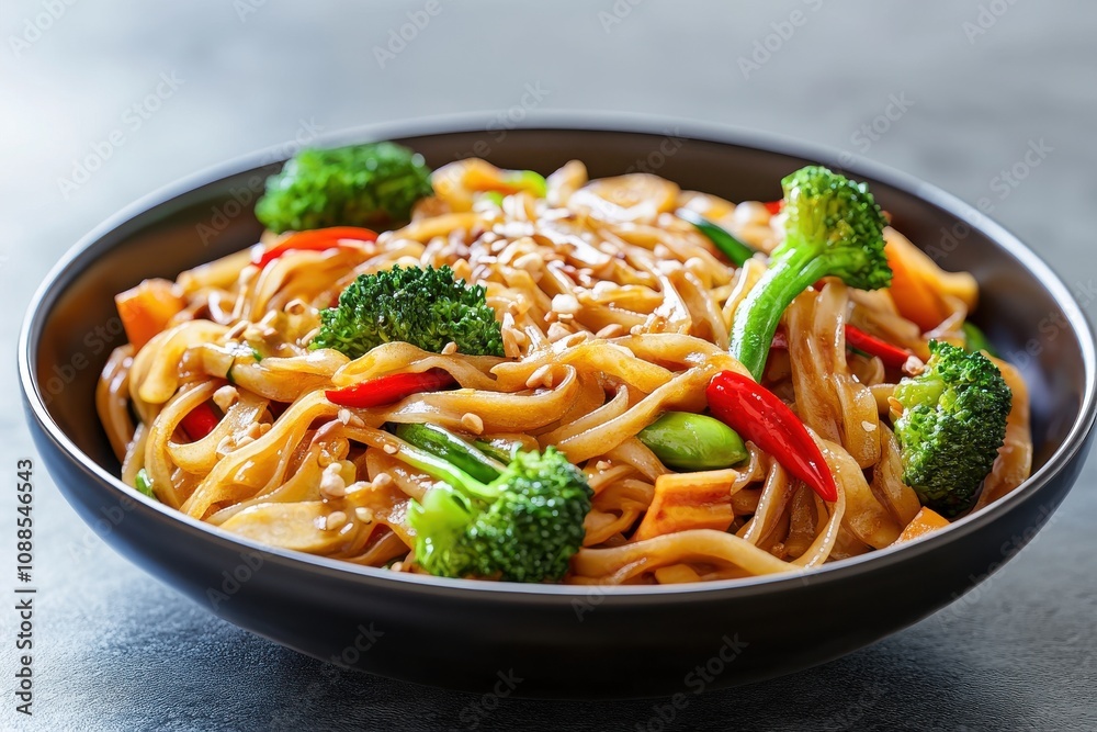 A vibrant bowl of stir-fried noodles with colorful vegetables and sesame seeds.