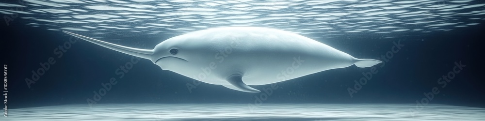Naklejka premium A single narwhal swimming gracefully underwater, showcasing its long spiraled tusk in a serene oceanic backdrop