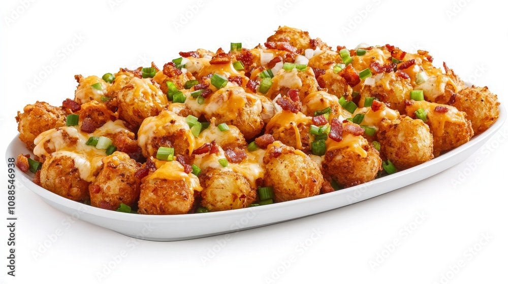 A platter of loaded cheese tots with crispy tater tots, melted cheese, bacon bits A platter of loaded cheese tots with crispy tater tots, melted cheese, bacon bits