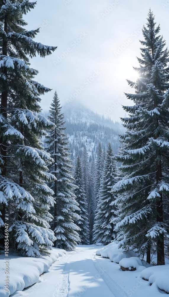 Naklejka premium Scenic winter forest path with snow-covered trees and sunlight