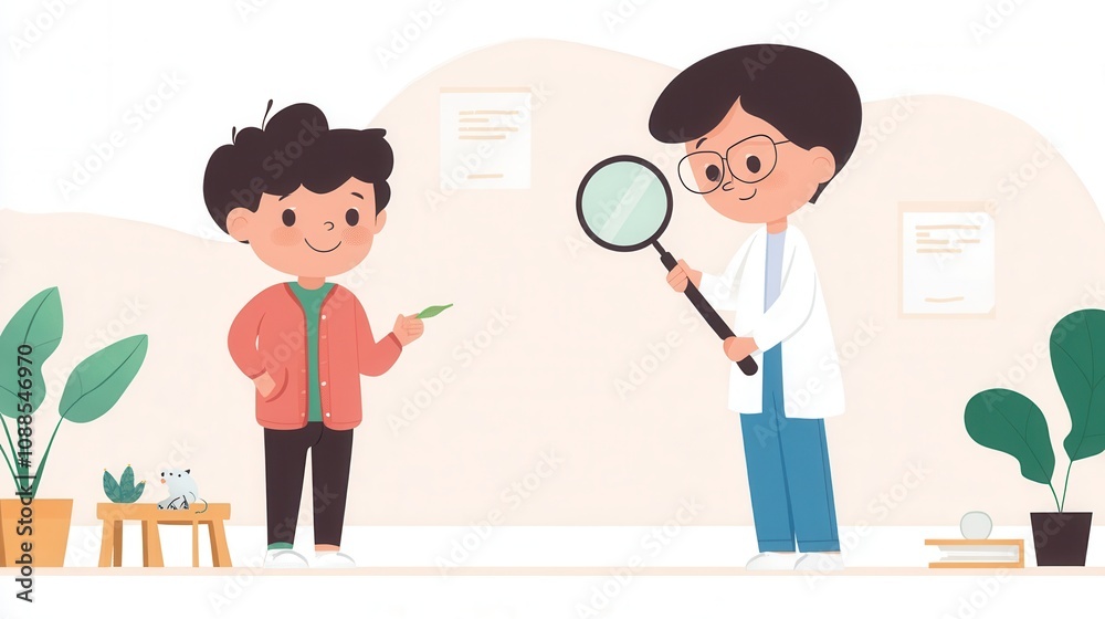 A playful scene showing a child interacting with a scientist, who is examining something with a magnifying glass, surrounded by plants and documents. A playful scene showing a child interacting with a scientist, who is examining something with a magnifying glass, surrounded by plants and documents.
