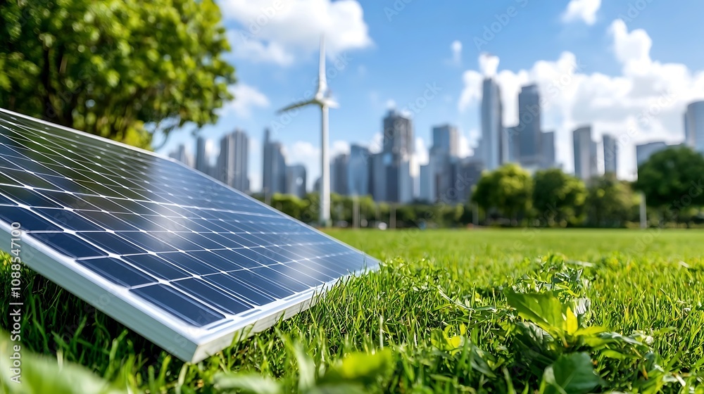 Fototapeta premium Renewable energy solar panels and wind turbines set against a modern city skyline showcasing a greener eco friendly future for urban environments