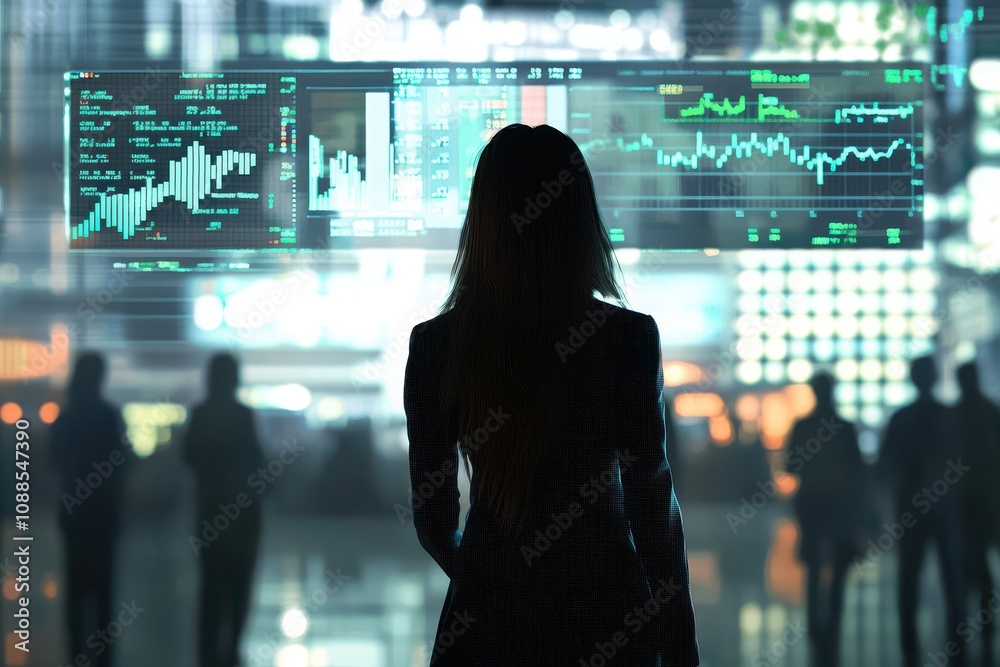 Silhouette of a Businesswoman Analyzing Financial Data in a Modern Urban Environment Surrounded by Digital Displays and Stock Market Graphs Silhouette of a Businesswoman Analyzing Financial Data in a Modern Urban Environment Surrounded by Digital Displays and Stock Market Graphs