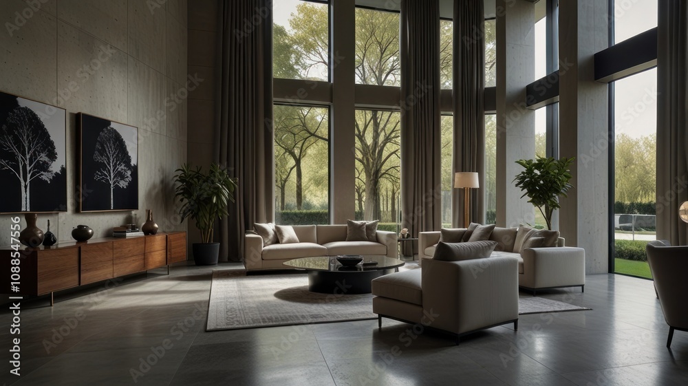 Fototapeta premium Modern living room with large windows, beige sofa, and wooden console.