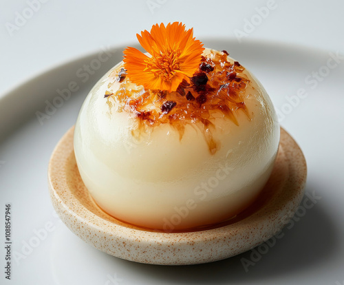 a single bite garnish for the Bocuse d'Or competition composed of a half dome shape made of celeriac, egg with salmon photo