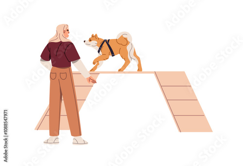 Trainer plays, training Akita Inu with agility equipment, ramp at park playground. Happy owner teaching her dog commands during walk outdoors. Flat isolated vector illustration on white background