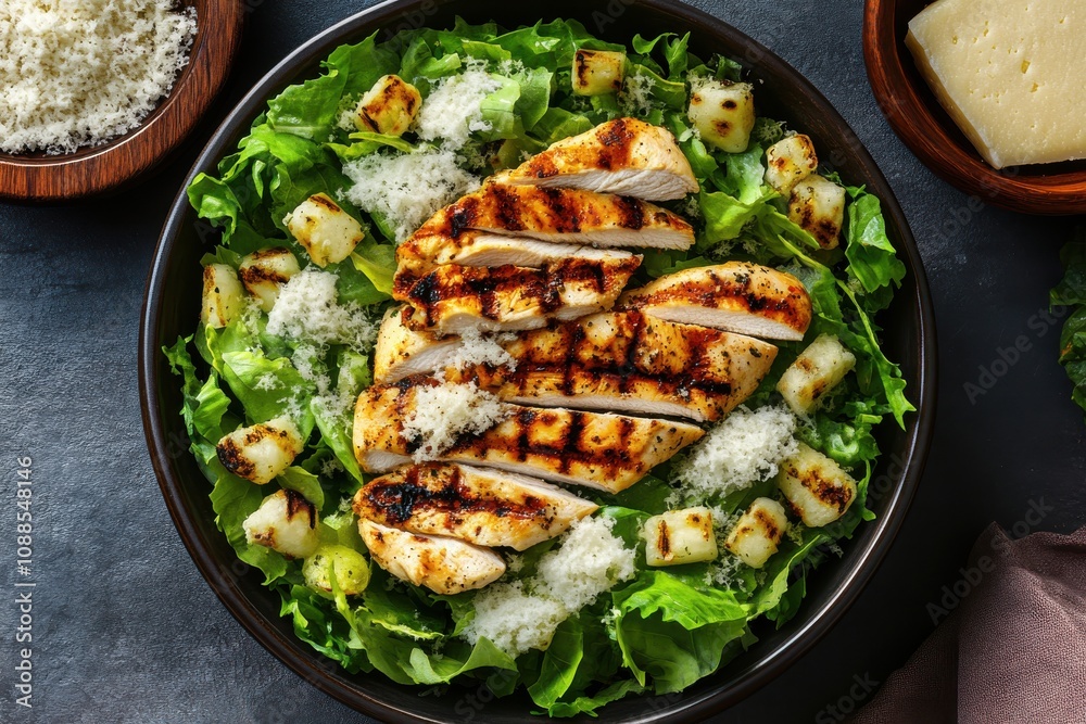 Grilled chicken salad with fresh greens and cheese, creating a vibrant and healthy meal. Grilled chicken salad with fresh greens and cheese, creating a vibrant and healthy meal.
