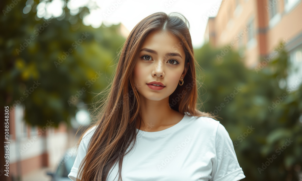 young woman with long hair wearing white t shirt stands outdoors, exuding confidence and beauty amidst blurred urban background young woman with long hair wearing white t shirt stands outdoors, exuding confidence and beauty amidst blurred urban background