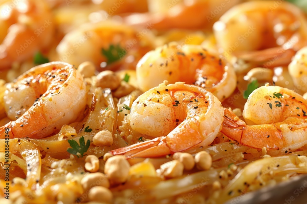 Close-up of a delicious shrimp dish, featuring succulent prawns, garnished with herbs and nuts.