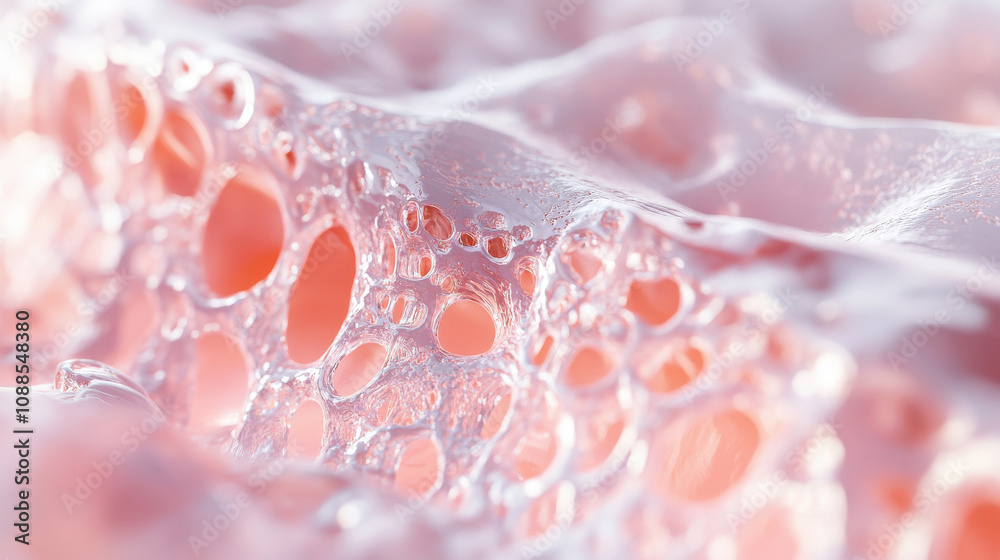macro with water droplets throughout connective, neural tissues skin