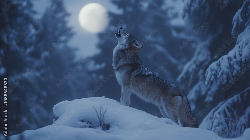 Obraz premium A lone wolf howls at the full moon in a snowy forest.