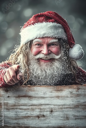 A cheerful Santa Claus pointing towards the viewer with a snowy winter backdrop, dressed in a classic red suit and hat

