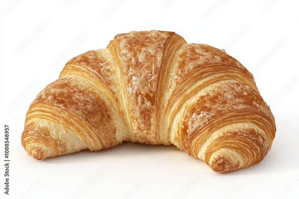 Golden brown buttery croissant on a clean white background, showcasing its flaky, layered texture. Golden brown buttery croissant on a clean white background, showcasing its flaky, layered texture.