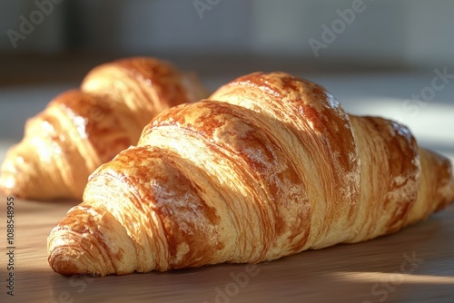 Golden-brown croissants basking in soft natural light, showcasing their flaky texture and buttery sheen.