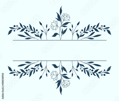 Decorative Floral Border Vector Design Images, Title Name Border flower Hand Draw Decoration, Name Border, leaf Hand Draw. flower frame with blue flowers. Hand drawn mono line floral background.