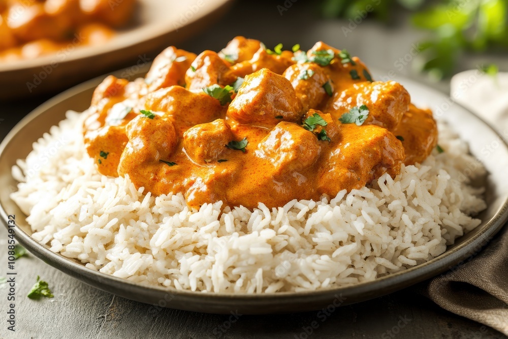 A delicious plate of tender chicken curry served over fluffy white rice, garnished with fresh cilantro. A delicious plate of tender chicken curry served over fluffy white rice, garnished with fresh cilantro.