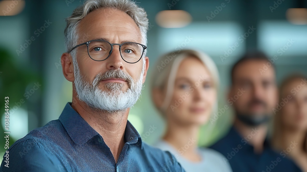 Portrait of a confident experienced middle aged businessman wearing formal business attire and glasses standing in a corporate office setting The man has a serious authoritative expression Portrait of a confident experienced middle aged businessman wearing formal business attire and glasses standing in a corporate office setting The man has a serious authoritative expression