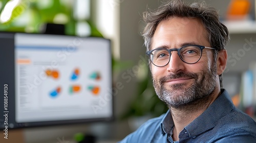 Smiling Confident Professional Businessman with Beard Working at Office Computer Desk