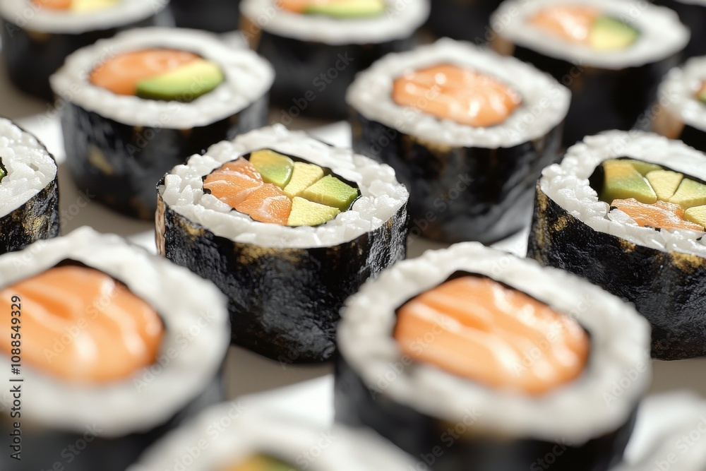 Close-up of beautifully arranged sushi rolls featuring salmon and avocado, highlighting vibrant colors and intricate details. Close-up of beautifully arranged sushi rolls featuring salmon and avocado, highlighting vibrant colors and intricate details.